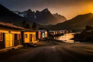 the sun sets over a village with colorful houses. AI-Generated photo