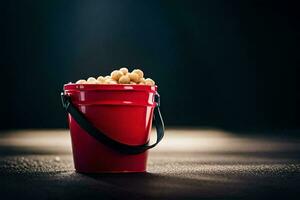a red bucket filled with peanuts sitting on a table. AI-Generated photo