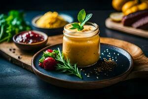 a jar of food with a garnish on a plate. AI-Generated photo