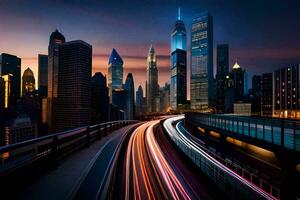 un ciudad horizonte a noche con ligero caminos en el la carretera. generado por ai foto