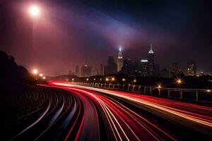 a long exposure photo of a city skyline at night. AI-Generated