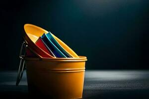 a bucket filled with colorful paper on a dark background. AI-Generated photo