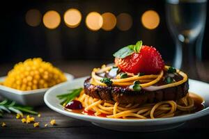 a plate of spaghetti with meat and strawberries. AI-Generated photo