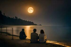 two people sitting on the beach watching the full moon. AI-Generated photo