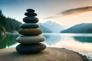 stacked stones in front of a lake and mountains. AI-Generated photo