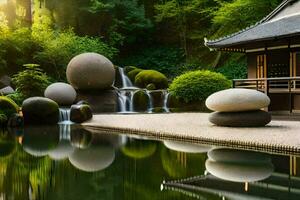 a japanese garden with water and rocks. AI-Generated photo