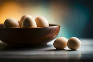 a bowl of eggs on a table. AI-Generated photo