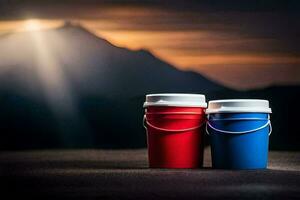 two red and blue buckets sit on a table in front of a mountain. AI-Generated photo