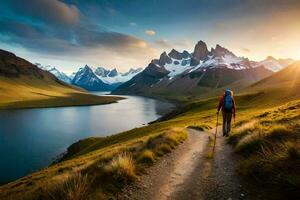 el hombre es caminando en el camino en el montañas. generado por ai foto