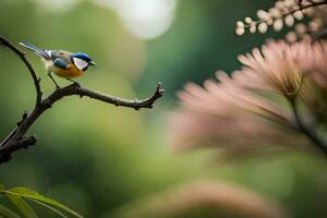 a small bird is sitting on a branch. AI-Generated photo