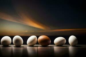 eggs in a row on a table with a sunset in the background. AI-Generated photo