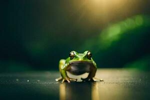 a frog sitting on a table with a bright light behind it. AI-Generated photo