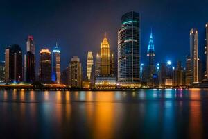 el ciudad horizonte a noche en Dubái generado por ai foto