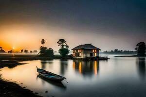 a house on the water at sunrise with a boat in the water. AI-Generated photo