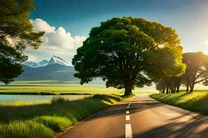 un la carretera con arboles y un lago en el antecedentes. generado por ai foto