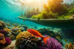 un submarino escena con coral arrecifes y pez. generado por ai foto