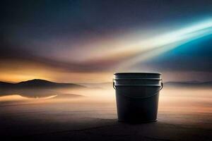 a bucket sitting on the ground with a bright light shining in the background. AI-Generated photo