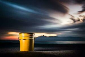 un amarillo Cubeta se sienta en el playa a puesta de sol. generado por ai foto