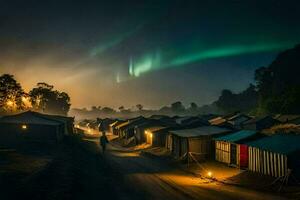 the aurora borealis lights up the sky over a village. AI-Generated photo