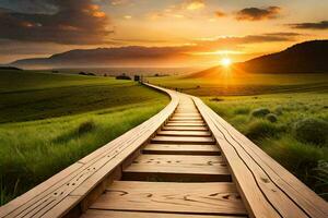 a wooden path leads to the sunset in a field. AI-Generated photo