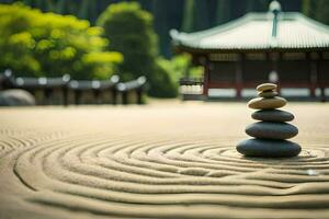 a stack of rocks in the sand with a pagoda in the background. AI-Generated photo