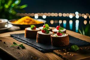 food on a wooden board with lights in the background. AI-Generated photo