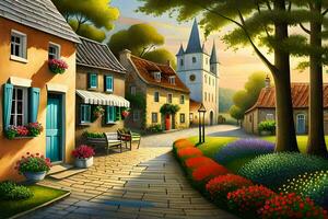illustration of a village street with flowers and trees. AI-Generated photo