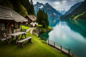 un lago y un cabina en el montañas. generado por ai foto