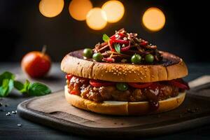 a hamburger with meat, vegetables and sauce on a wooden cutting board. AI-Generated photo