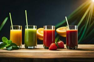 five different juices in glasses on a wooden table. AI-Generated photo