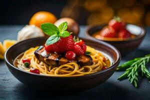 spaghetti with grilled chicken and strawberries. AI-Generated photo