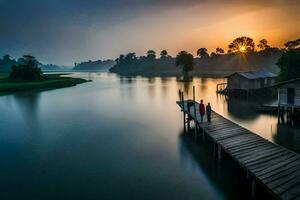 a couple standing on a dock at sunrise. AI-Generated photo