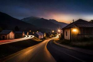 a long exposure photo of a road at night. AI-Generated