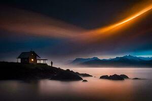 un casa en el apuntalar de un lago a noche. generado por ai foto