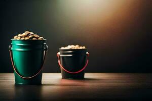 two buckets filled with nuts on a table. AI-Generated photo