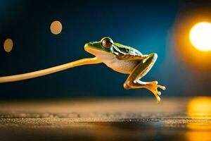 a frog jumping on a wire. AI-Generated photo