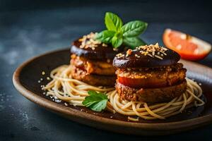 two meatballs on a plate with spaghetti. AI-Generated photo