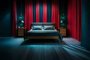 un dormitorio con rojo cortinas y azul paredes generado por ai foto