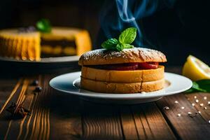 a cake on a plate with smoke coming out of it. AI-Generated photo