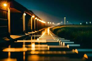 a long walkway with lights on the side. AI-Generated photo