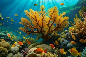 an underwater scene with coral and fish. AI-Generated photo