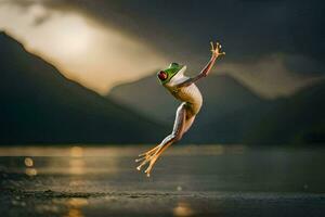 a frog jumping into the air with its legs spread. AI-Generated photo