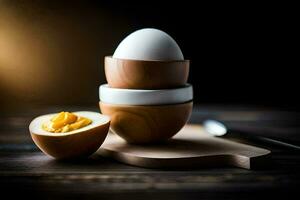 an egg is in an egg shell on a wooden cutting board. AI-Generated photo