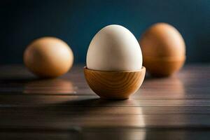 Tres huevos en un de madera huevo taza. generado por ai foto