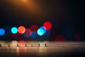 tiny people walking in a line on a street at night. AI-Generated photo