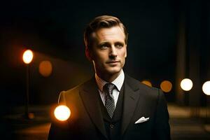 a man in a suit and tie standing in front of lights. AI-Generated photo