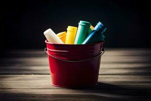a red bucket filled with different colored markers. AI-Generated photo