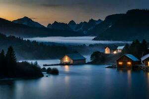 foto fondo de pantalla el cielo, montañas, niebla, lago, niebla, el montañas, el lago,. generado por ai