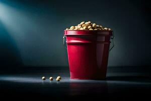 a red bucket filled with peanuts on a dark table. AI-Generated photo