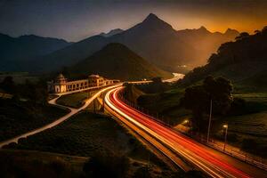 a long exposure photo of a highway with a train passing by. AI-Generated